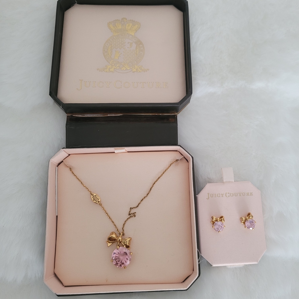 Vintage Juicy Couture Gold and Pink Bow Necklace and Earring Set